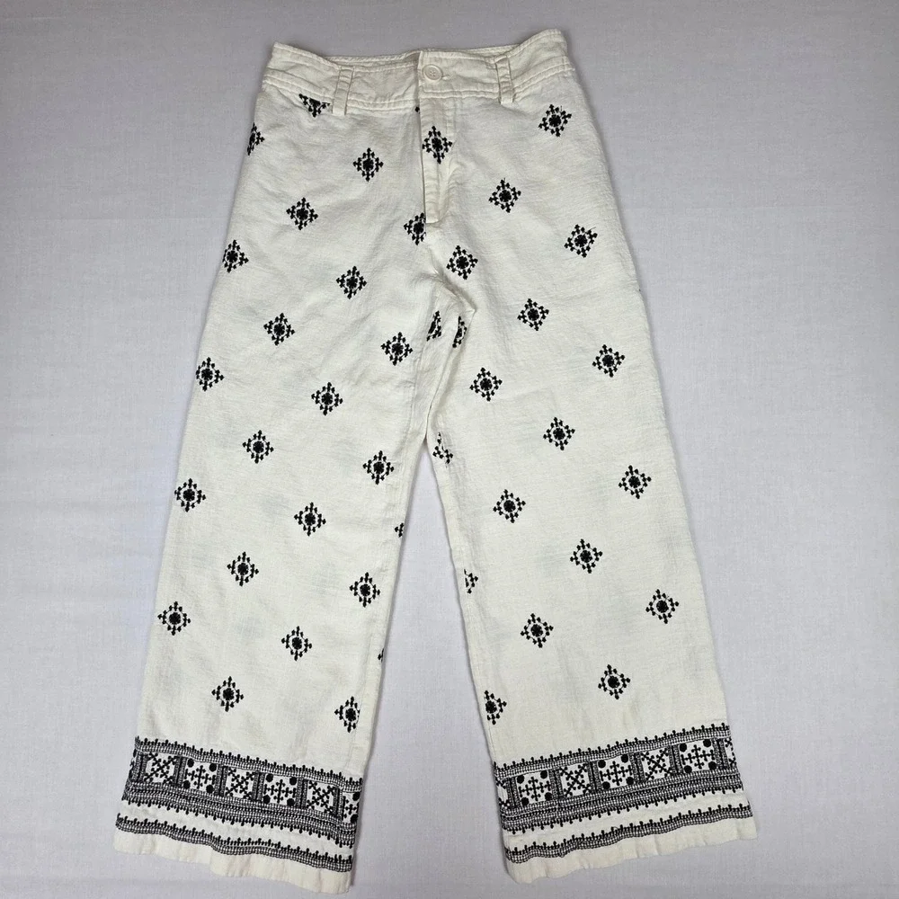 Elie Tahari Linen Blend Wide Leg Pants Womens 4 Embroidered  White Black